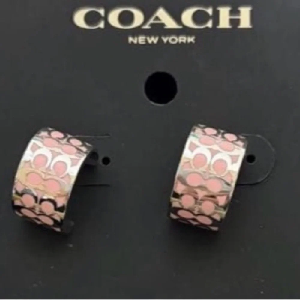 NWT COACH SIGNATURE C HUGGIE EARRINGS: PINK/SILVER C7770 in Polybag MSRP $110 - Picture 2 of 8